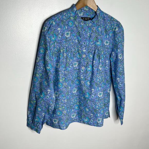 J. Crew Long Sleeve Fresco Poplin Top Womens Small Blue Floral Cotton Feminine - Picture 3 of 11